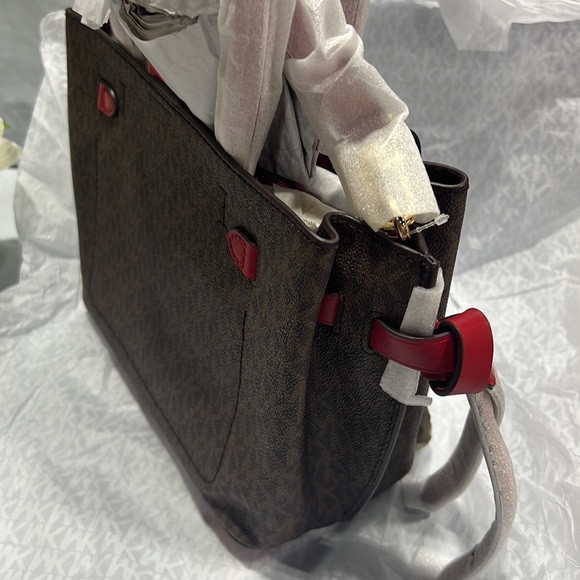 NWT - Michael Kors Hamilton Legacy Sm Logo Belted Satchel, Crimson/Brown - Picture 10 of 11